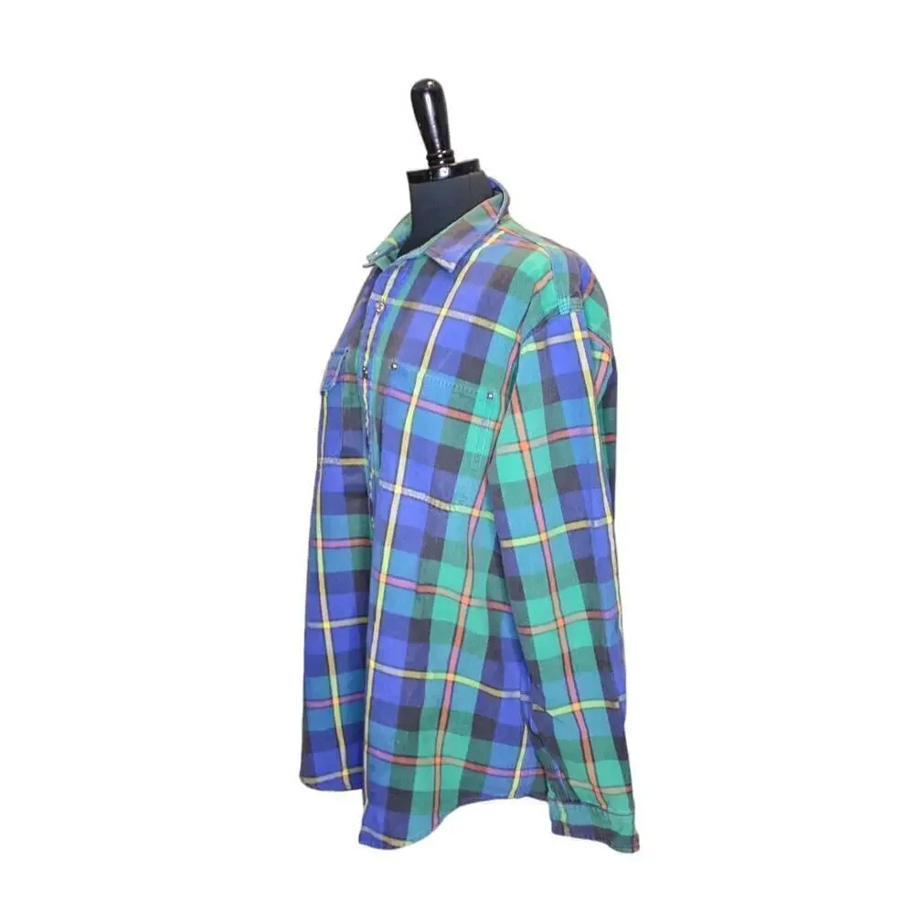 Polo Ralph Lauren Plaid Cotton Denim Button Down Shirt Top Blue Green